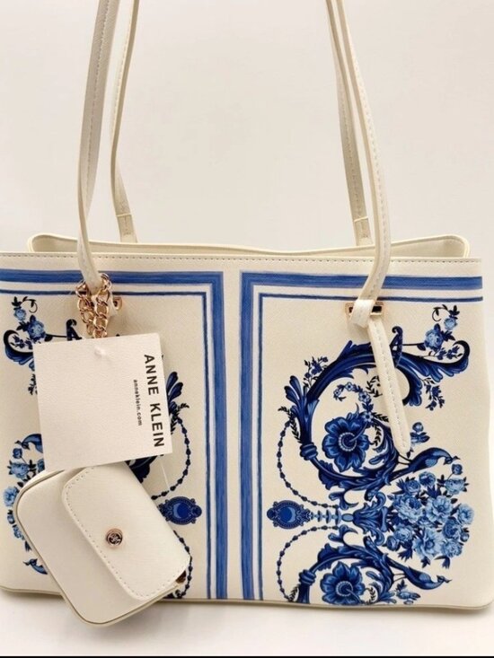 Anne Klein Handbags - Anne Klein Lucia Midnight Blue White Floral Damask Tote Detachable Coin Purse